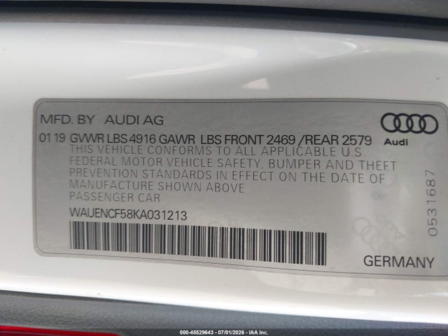 Aukcja sprzedaży 2019 Audi A5 45 Premium, vin: WAUENCF58KA031213, numer aukcji: 45529643