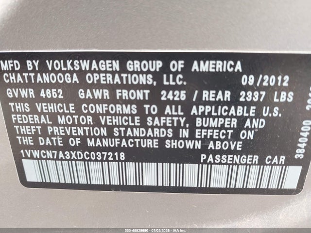 Aukcja sprzedaży 2013 Volkswagen Passat 2.0l Tdi Sel Premium, vin: 1VWCN7A3XDC037218, numer aukcji: 45529650