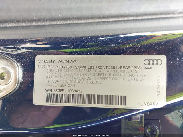 2018 Audi A3 2.0t Premium/2.0t Tech Premium მანქანა იყიდება აუქციონზე, vin: WAUB8GFF1J1039422, აუქციონის ნომერი: 45529714
