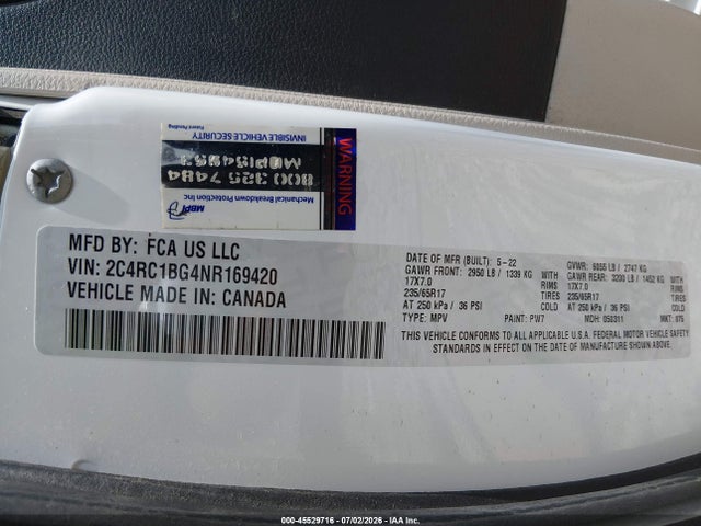 2022 Chrysler Pacifica Touring L მანქანა იყიდება აუქციონზე, vin: 2C4RC1BG4NR169420, აუქციონის ნომერი: 45529716