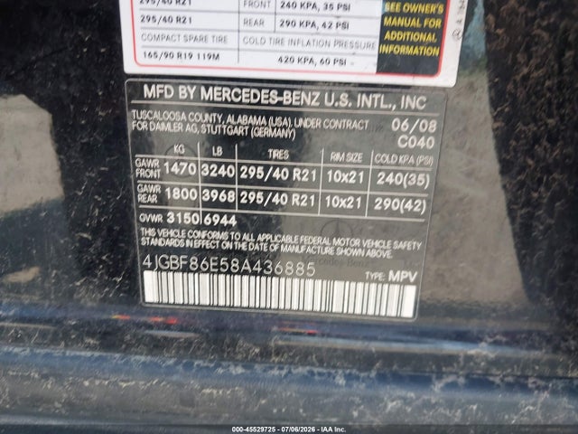 45529725 :رقم المزاد ، 4JGBF86E58A436885 vin ، 2008 Mercedes-benz Gl 550 4matic مزاد بيع