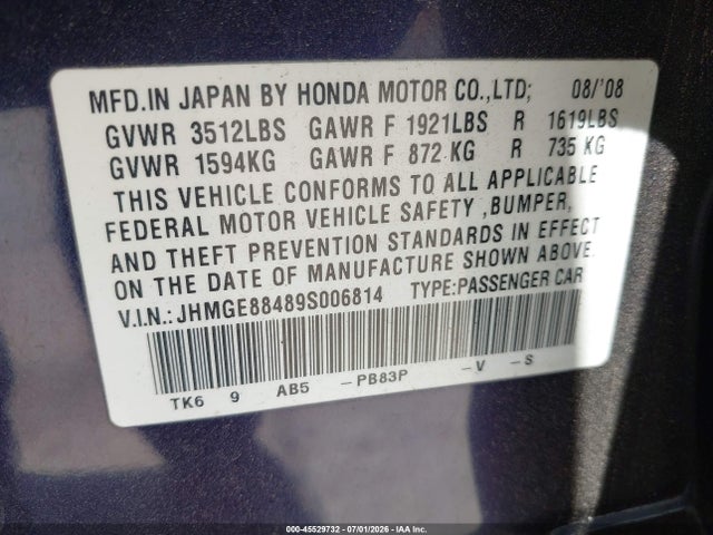Продажа на аукционе авто 2009 Honda Fit Sport, vin: JHMGE88489S006814, номер лота: 45529732