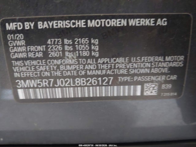2020 Bmw 330i Xdrive მანქანა იყიდება აუქციონზე, vin: 3MW5R7J02L8B26127, აუქციონის ნომერი: 45529735