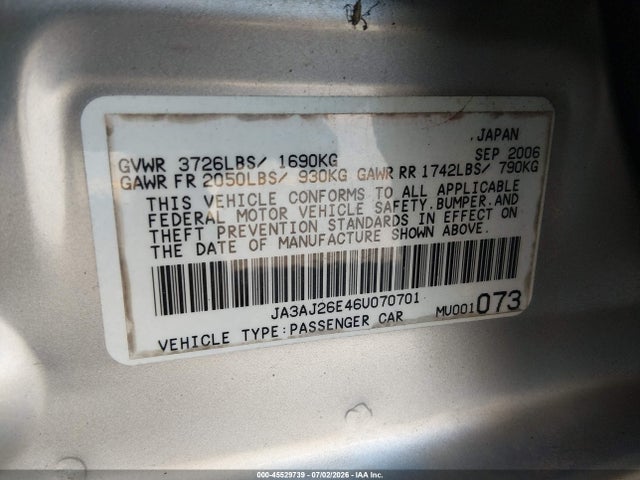45529739 :رقم المزاد ، JA3AJ26E46U070701 vin ، 2006 Mitsubishi Lancer Es/se مزاد بيع
