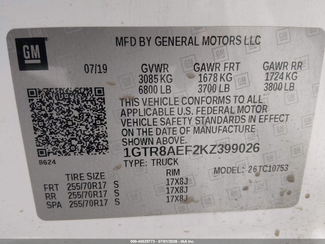 2019 Gmc Sierra 1500 მანქანა იყიდება აუქციონზე, vin: 1GTR8AEF2KZ399026, აუქციონის ნომერი: 45529773