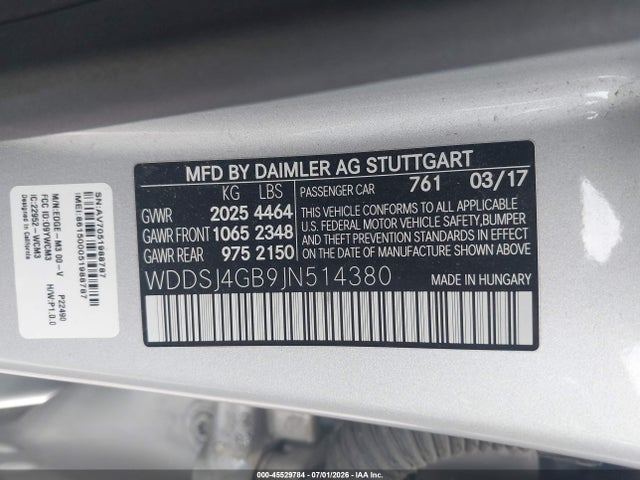 45529784 :رقم المزاد ، WDDSJ4GB9JN514380 vin ، 2018 Mercedes-benz Cla 250 4matic مزاد بيع