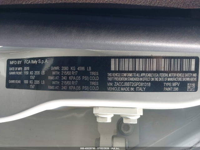 Продажа на аукционе авто 2016 Jeep Renegade Latitude, vin: ZACCJBBT2GPD81318, номер лота: 45529790