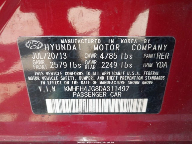 Aukcja sprzedaży 2013 Hyundai Azera, vin: KMHFH4JG8DA311497, numer aukcji: 45529799