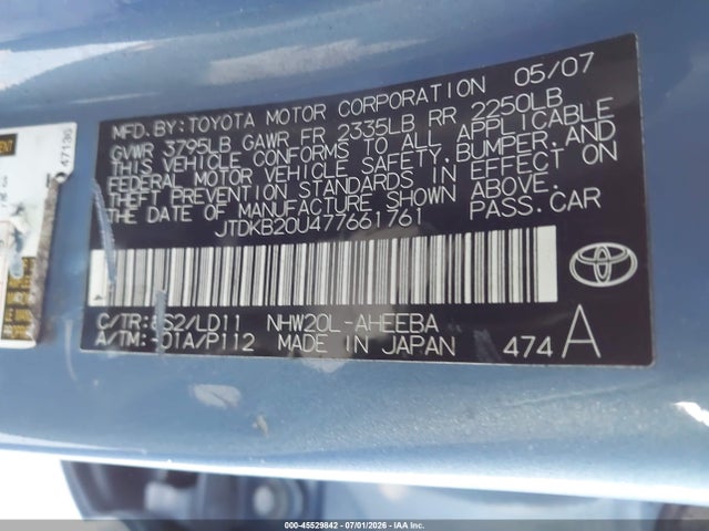 Aukcja sprzedaży 2007 Toyota Prius, vin: JTDKB20U477661761, numer aukcji: 45529842