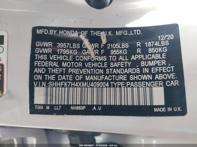 SHHFK7H4XMU409004 Honda Civic Sport