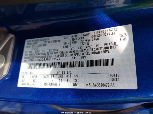 1FMCU9GD8JUD31171 Ford ESCAPE SE