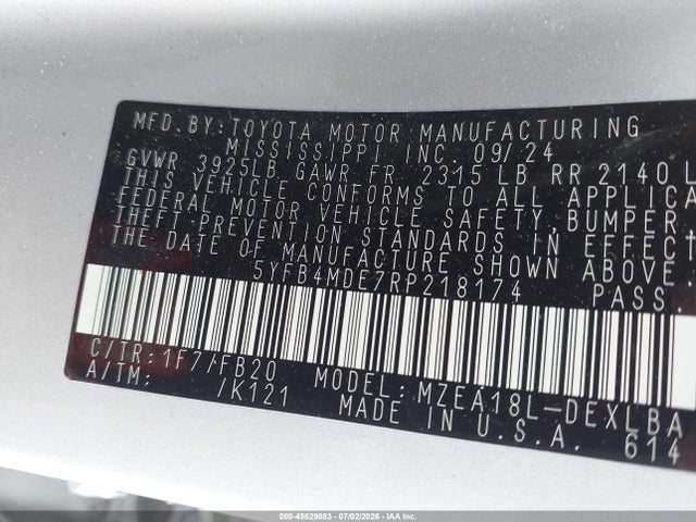 45529883 :رقم المزاد ، 5YFB4MDE7RP218174 vin ، 2024 Toyota Corolla Le مزاد بيع