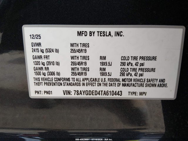 Продажа на аукционе авто 2026 Tesla Model Y Premium Rear-wheel Drive/rear-wheel Drive, vin: 7SAYGDED4TA610443, номер лота: 45529891