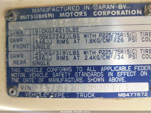 Продаж на аукціоні авто 1987 Mitsubishi Montero, vin: JA7FJ23E8HJ017125, номер лоту: 45529896