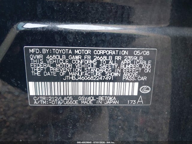 2008 Lexus Es 350 მანქანა იყიდება აუქციონზე, vin: JTHBJ46G682247491, აუქციონის ნომერი: 45529940