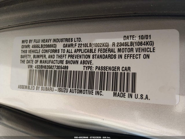 Продажа на аукционе авто 2002 Subaru Legacy L, vin: 4S3BH635627305489, номер лота: 45529946