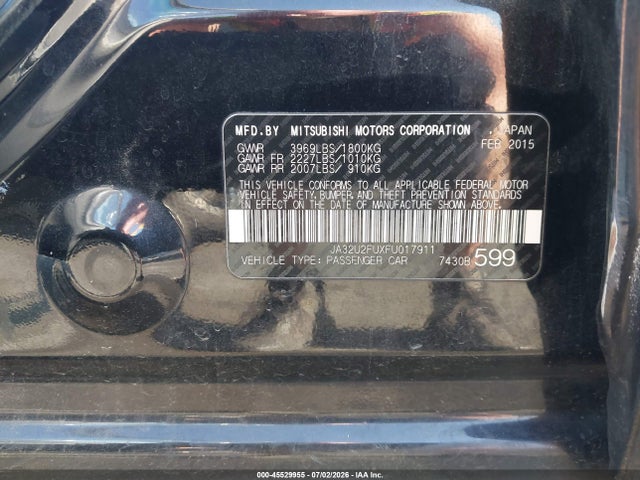 45529955 :رقم المزاد ، JA32U2FUXFU017911 vin ، 2015 Mitsubishi Lancer Es مزاد بيع