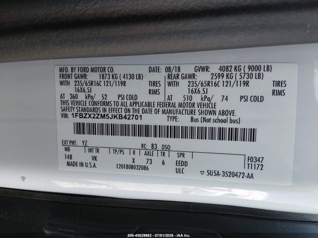1FBZX2ZM5JKB42701 Ford Transit-350 Xl/xlt