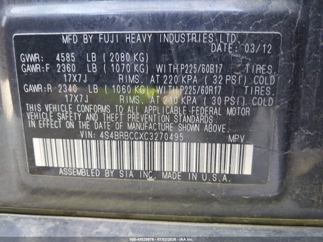 Продажа на аукционе авто 2012 Subaru Outback 2.5i Premium, vin: 4S4BRBCCXC3270495, номер лота: 45529976