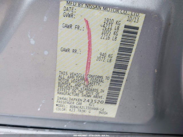 45529987 :رقم المزاد ، 1N4AL3APXEN243520 vin ، 2014 Nissan Altima 2.5 S مزاد بيع