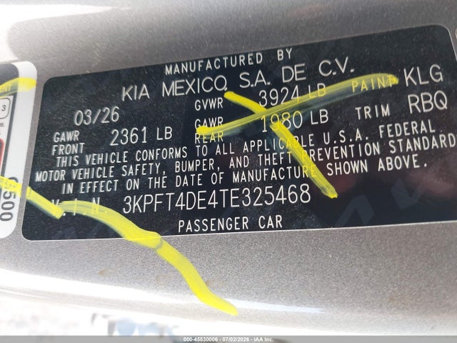 2026 Kia K4 Lxs მანქანა იყიდება აუქციონზე, vin: 3KPFT4DE4TE325468, აუქციონის ნომერი: 45530006