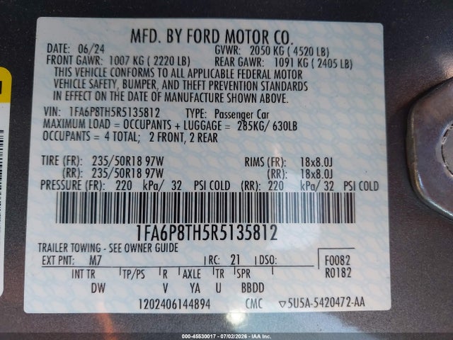 2024 Ford Mustang Ecoboost Fastback მანქანა იყიდება აუქციონზე, vin: 1FA6P8TH5R5135812, აუქციონის ნომერი: 45530017