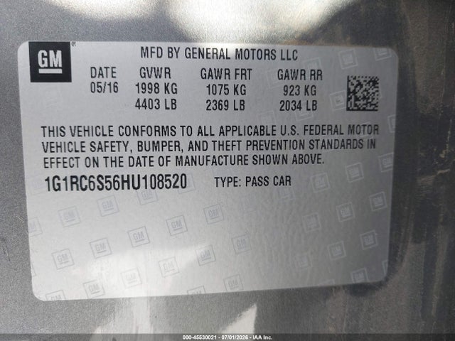 Продаж на аукціоні авто 2017 Chevrolet Volt Lt, vin: 1G1RC6S56HU108520, номер лоту: 45530021