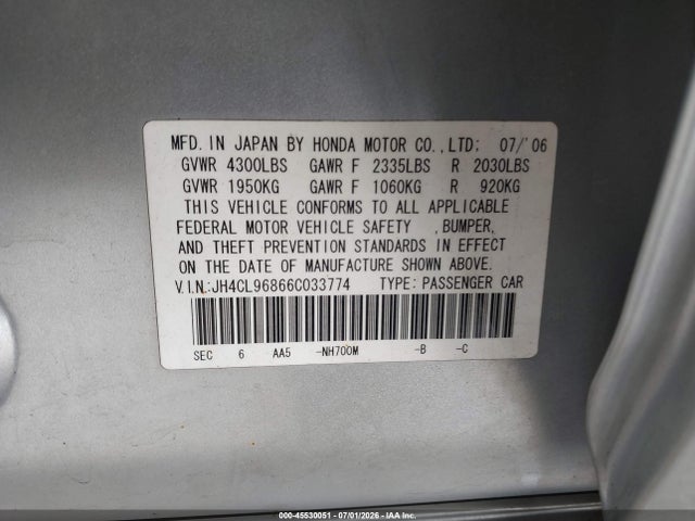 45530051 :رقم المزاد ، JH4CL96866C033774 vin ، 2006 Acura Tsx مزاد بيع