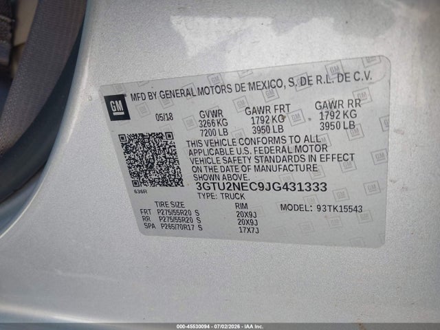 Aukcja sprzedaży 2018 Gmc Sierra 1500 Slt, vin: 3GTU2NEC9JG431333, numer aukcji: 45530094