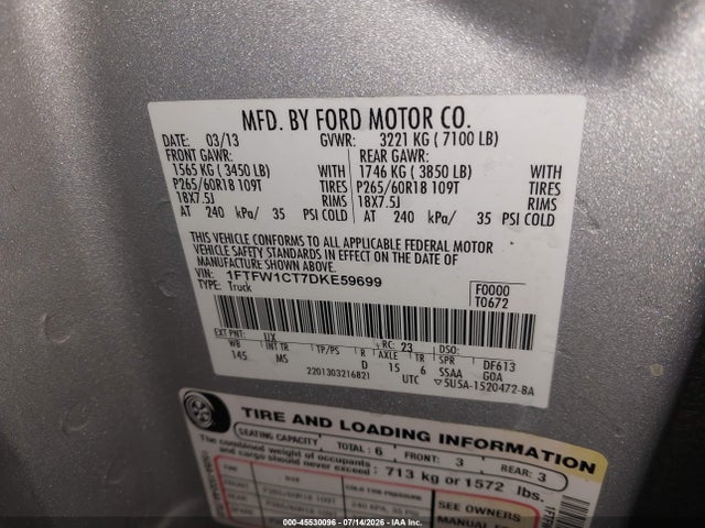Продаж на аукціоні авто 2013 Ford F-150 Fx2/king Ranch/lariat/limited/platinum/xl/xlt, vin: 1FTFW1CT7DKE59699, номер лоту: 45530096
