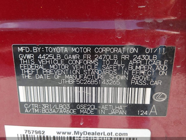 Auction sale of the 2011 Lexus Is 250, vin: JTHBF5C26B5143265, lot number: 45530103