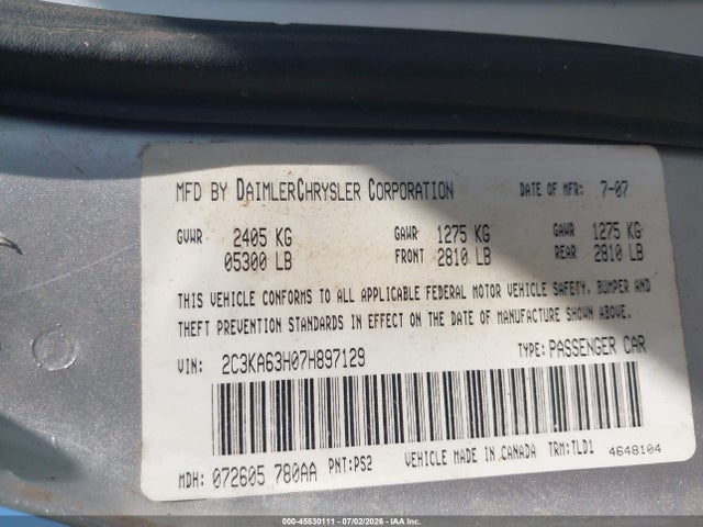 Aukcja sprzedaży 2007 Chrysler 300c, vin: 2C3KA63H07H897129, numer aukcji: 45530111