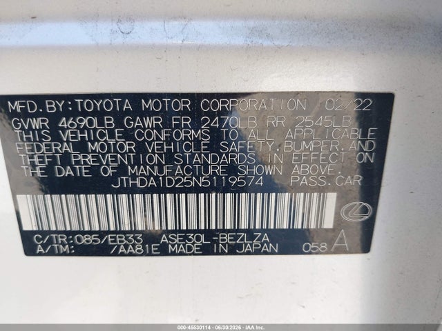 Продажа на аукционе авто 2022 Lexus Is 300, vin: JTHDA1D25N5119574, номер лота: 45530114