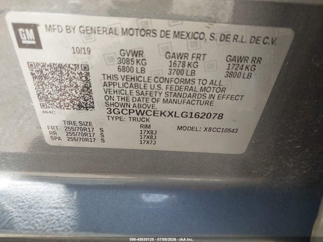 45530125 :رقم المزاد ، 3GCPWCEKXLG162078 vin ، 2020 Chevrolet Silverado 1500 2wd  Short Bed Lt مزاد بيع