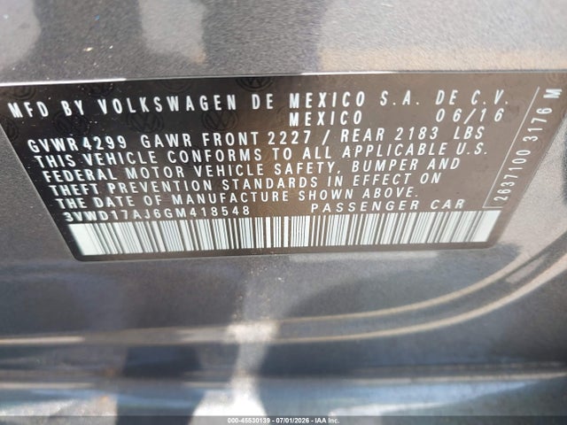 45530139 :رقم المزاد ، 3VWD17AJ6GM418548 vin ، 2016 Volkswagen Jetta 1.8t Sport مزاد بيع