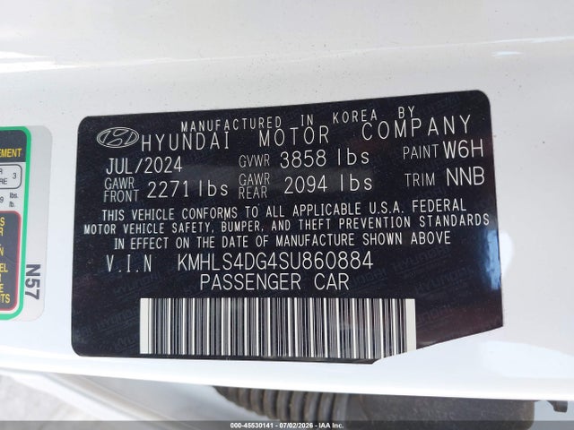 Aukcja sprzedaży 2025 Hyundai Elantra Sel Convenience, vin: KMHLS4DG4SU860884, numer aukcji: 45530141