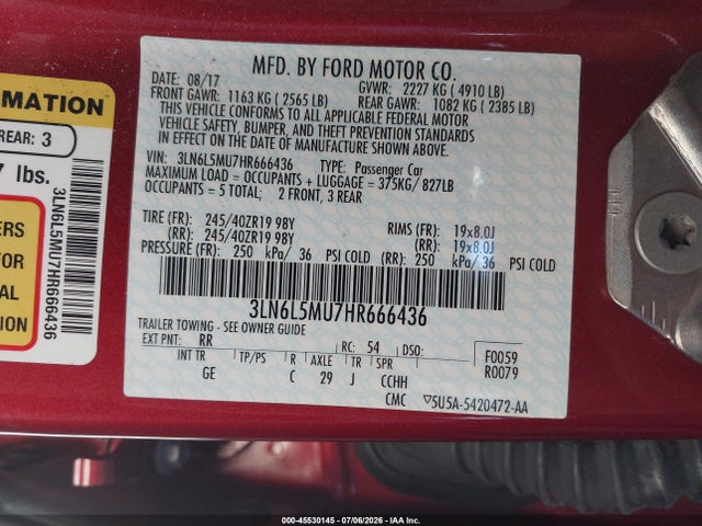 Aukcja sprzedaży 2017 Lincoln Mkz Hybrid Reserve, vin: 3LN6L5MU7HR666436, numer aukcji: 45530145