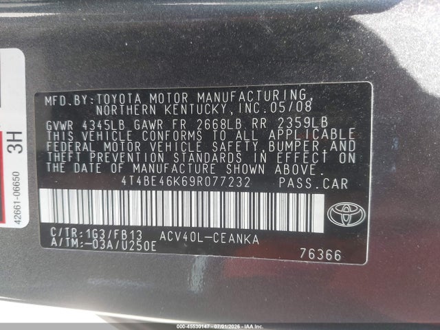 45530147 :رقم المزاد ، 4T4BE46K69R077232 vin ، 2009 Toyota Camry Le مزاد بيع