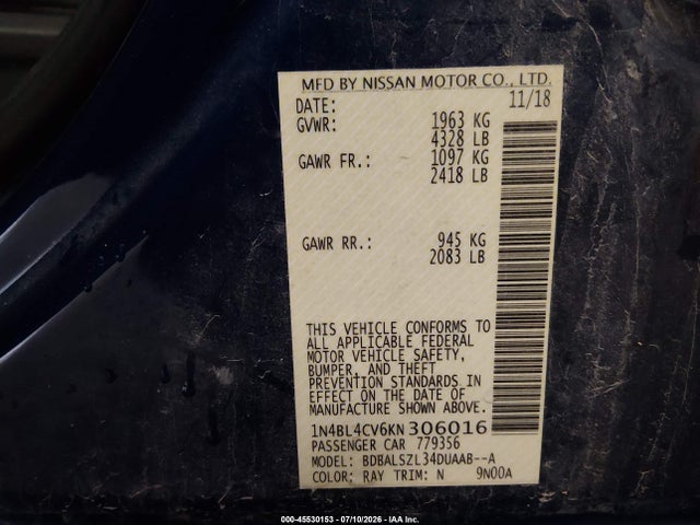 Aukcja sprzedaży 2019 Nissan Altima 2.5 Sr, vin: 1N4BL4CV6KN306016, numer aukcji: 45530153