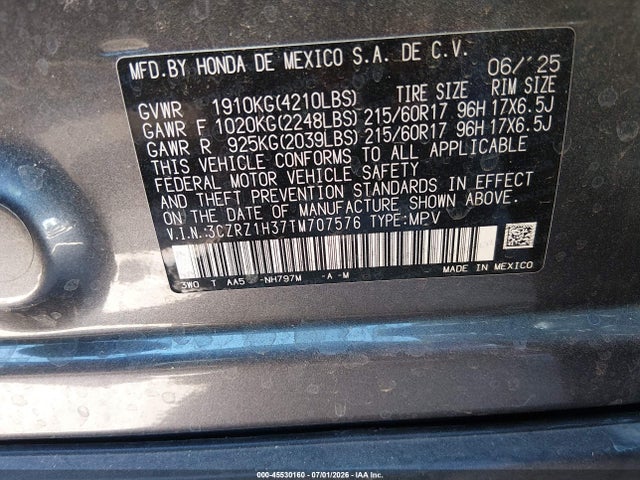3CZRZ1H37TM707576 Honda Hr-v 2wd Lx