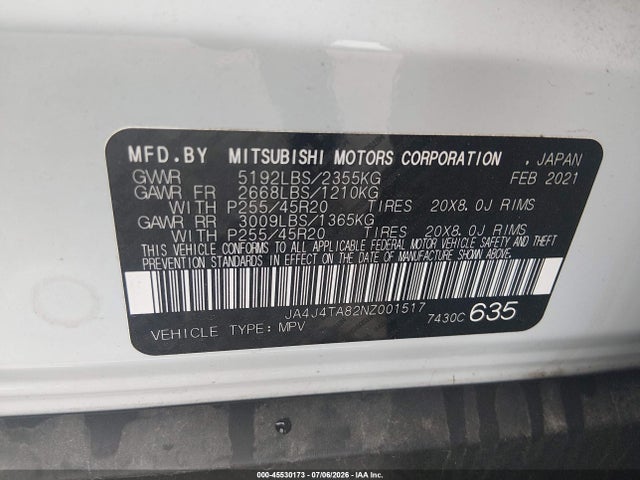 Aukcja sprzedaży 2022 Mitsubishi Outlander Es 2.5 S-awc, vin: JA4J4TA82NZ001517, numer aukcji: 45530173