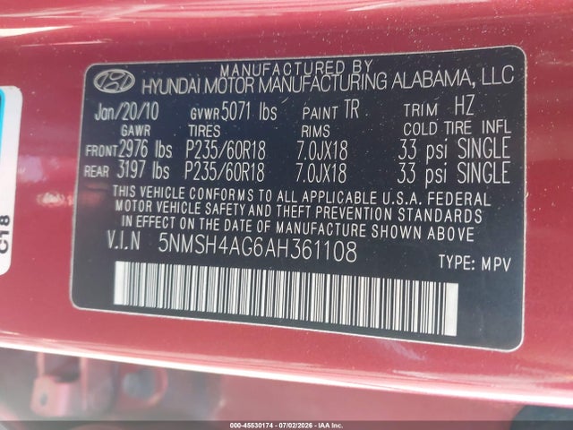 2010 Hyundai Santa Fe Se მანქანა იყიდება აუქციონზე, vin: 5NMSH4AG6AH361108, აუქციონის ნომერი: 45530174