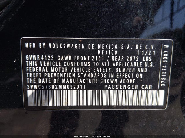 Aukcja sprzedaży 2021 Volkswagen Jetta 1.4t R-line/1.4t Se/s, vin: 3VWC57BU2MM092011, numer aukcji: 45530195