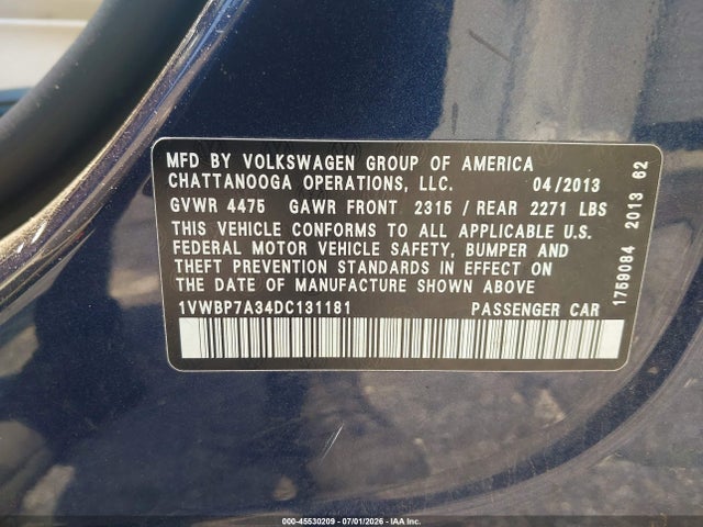 2013 Volkswagen Passat 2.5l Se მანქანა იყიდება აუქციონზე, vin: 1VWBP7A34DC131181, აუქციონის ნომერი: 45530209