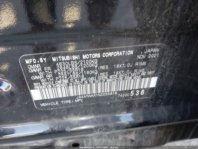 45530215 :رقم المزاد ، JA4ATWAA1NZ055818 vin ، 2022 Mitsubishi Eclipse Cross Se S-awc/se Special Edition S-awc/sel S-awc/sel Special Edition S-awc مزاد بيع