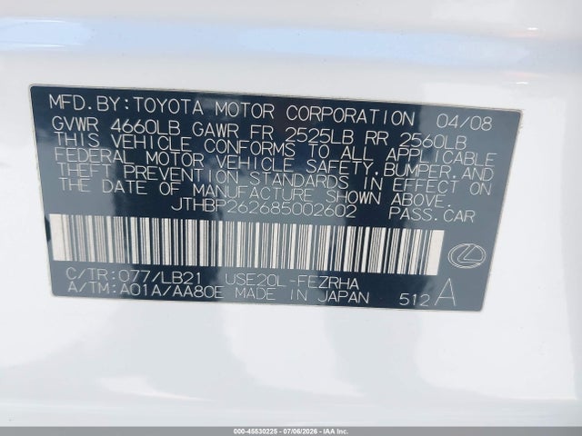 45530225 :رقم المزاد ، JTHBP262685002602 vin ، 2008 Lexus Is F مزاد بيع