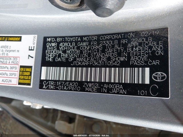 Aukcja sprzedaży 2019 Toyota Prius Prime Premium, vin: JTDKARFP3K3110542, numer aukcji: 45530251