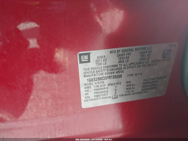 Aukcja sprzedaży 2015 Gmc Yukon Slt, vin: 1GKS2BKC5FR135098, numer aukcji: 45530255