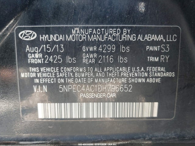 Aukcja sprzedaży 2013 Hyundai Sonata Limited, vin: 5NPEC4AC1DH796652, numer aukcji: 45530286