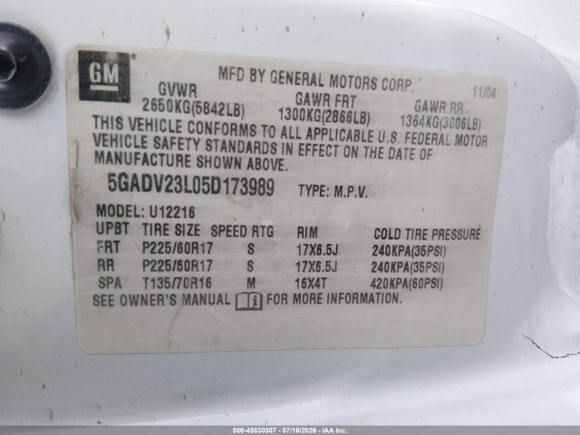 2005 Buick Terraza Cx მანქანა იყიდება აუქციონზე, vin: 5GADV23L05D173989, აუქციონის ნომერი: 45530307